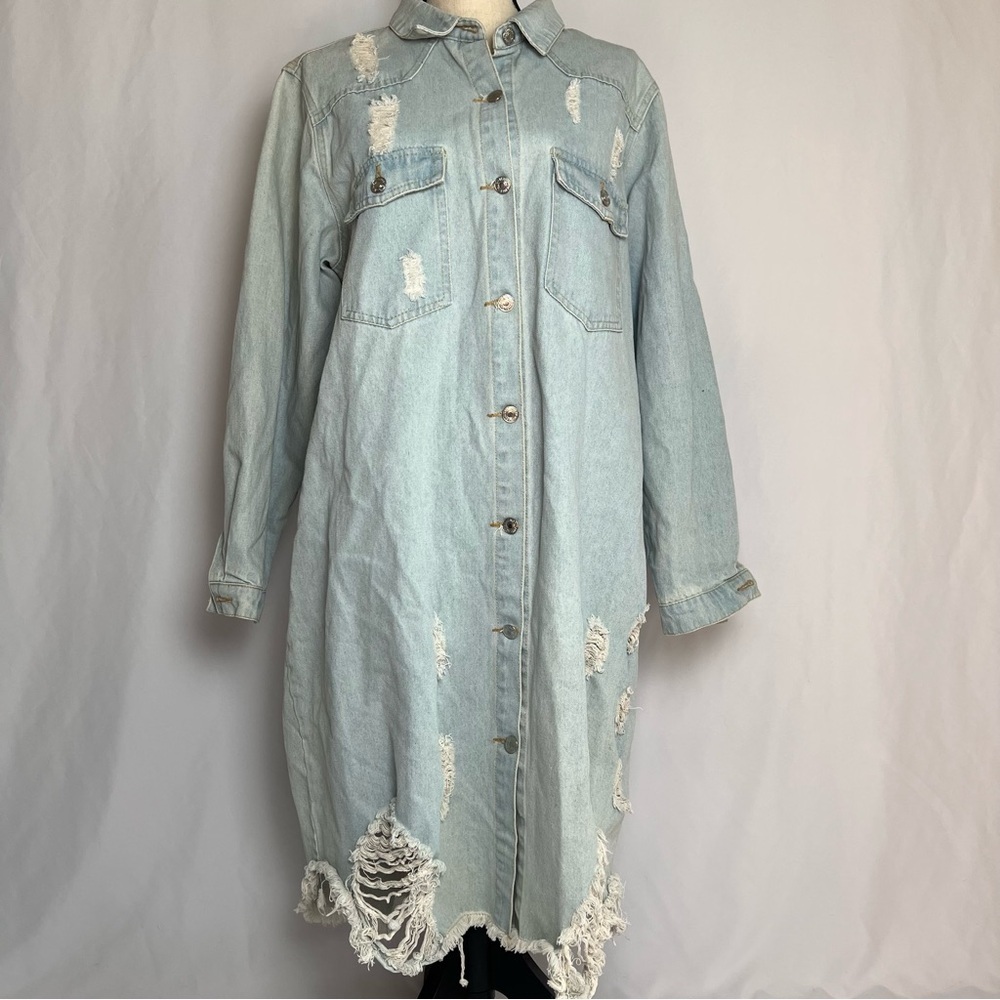 Light Wash Distressed Denim Long Sleeve Shirt Dress